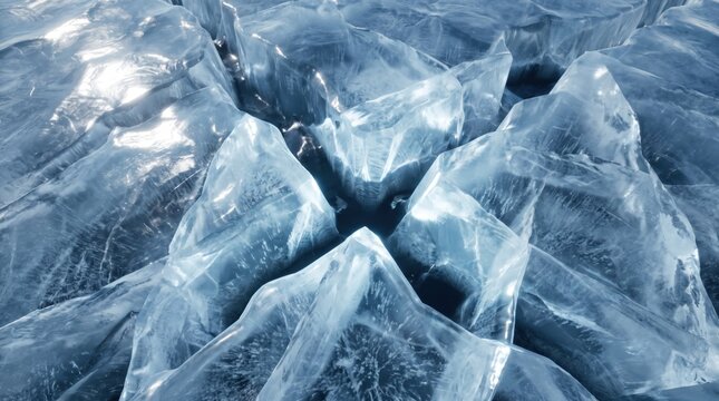 Angle view of fractured ice surface with sharp edges and refractive blue light