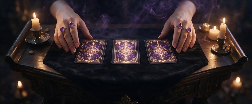 A close-up image of a table displaying three tarot cards, adorned with gold and purple accents, face down. A woman's hand rests gently near the cards.