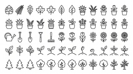 Obraz premium Gardening plant icons with leaves flowers tools potted trees vector illustration design.