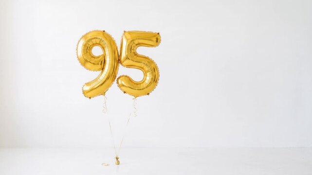 Gold number 95 foil balloons floating on a clean white background with copy space, festive decoration for 95th birthday, anniversary, jubilee and milestone celebration.