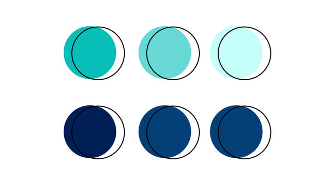 Two rows of three circles each presenting a progression of teal and blue tones with offset shadows drop shadow graphic design graphic resources gradient geometric minimalist background