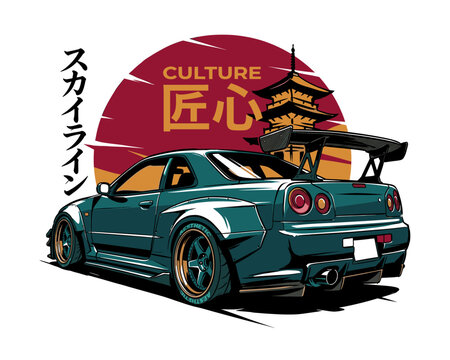 Japanese sports car vector illustration. JDM culture automotive poster. Tuned racing car with pagoda and rising sun background.