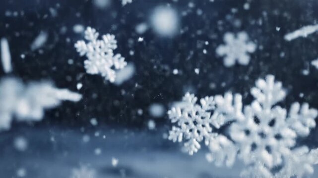 Delicate snowflakes drifting down against a dark winter sky with subtle bokeh lights creating a magical atmosphere