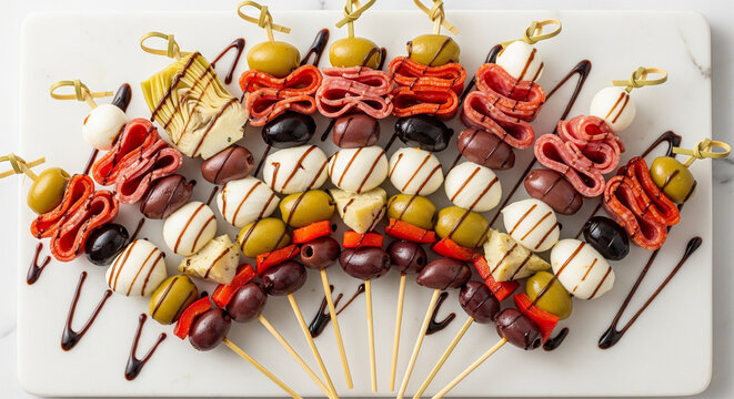 An assortment of appetizer skewers filled with cured meats, olives, cheese, and peppers, artfully arranged on a white platter with a balsamic glaze drizzle.