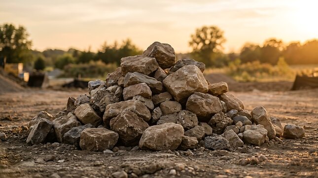 Pile of large stones on a construction site during sunset