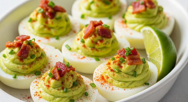 Deviled eggs with a creamy green avocado filling, topped with crumbled bacon and fresh chives, served in a white dish with a lime wedge, a delicious appetizer.