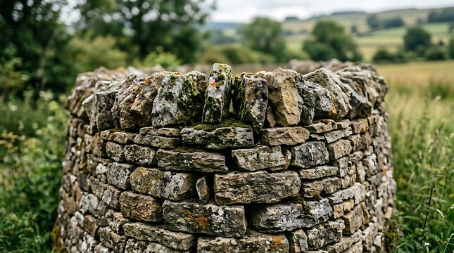 Traditional dry stone wall in a lush rural landscape