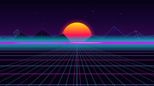 Retro 80s synthwave landscape with neon grid sunset and futuristic wireframe mountains for digital music background