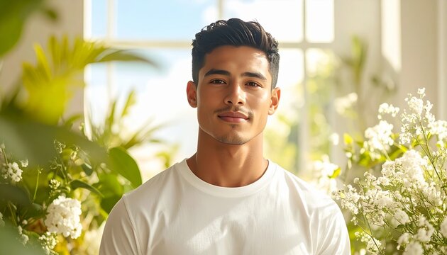 Young Man with Short Hair Wearing White Shirt in Garden Studio