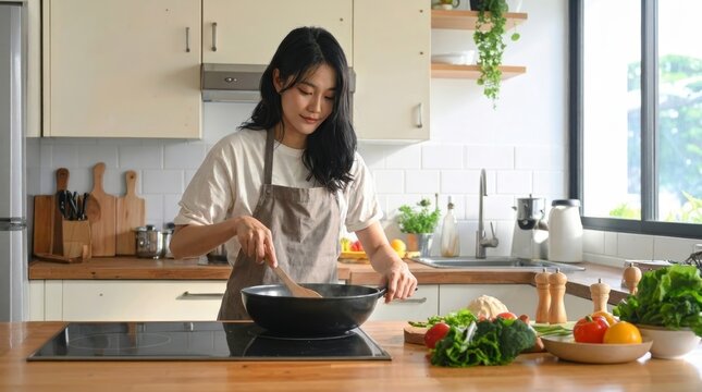 Woman Cooking Healthy Vegetables in a Modern Kitchen