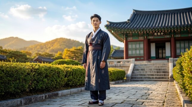 Korean Man Wearing Traditional Hanbok at a Historic Palace