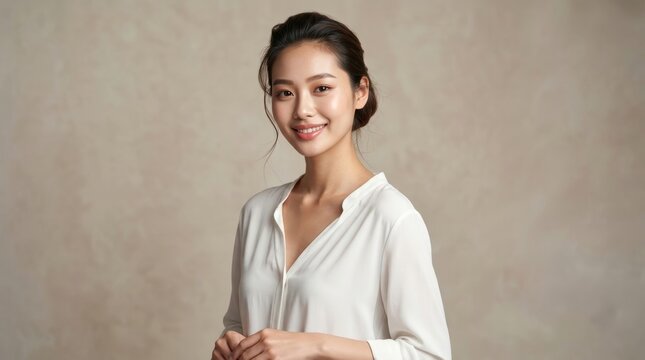 Young Asian Woman with Radiant Skin Smiling at Camera