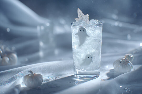 ghostly cocktail with floating ice, detailed cinematic lighting, ultra realistic, halloween theme