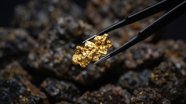 Tweezers holding a raw gold nugget over dark ore