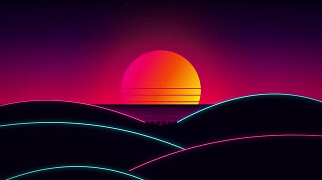 Vibrant synthwave landscape with glowing neon sun and dark rolling hills in abstract retro style.