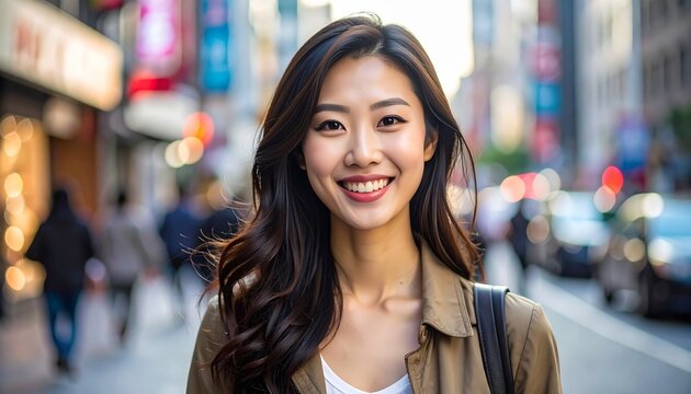Young Asian Woman Smiling Portrait in City Street