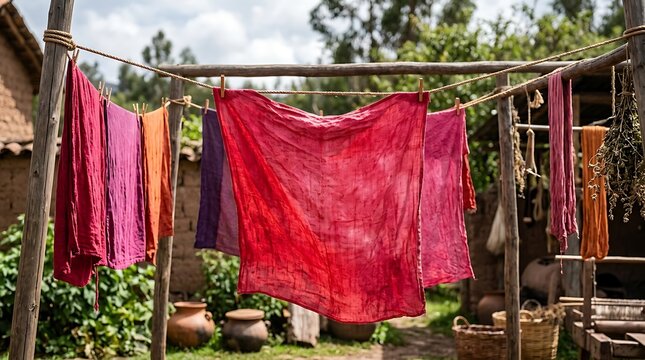 Colorful hand dyed textiles drying on a rustic wooden clothesline