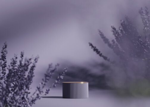 3D background, violet podium, purple display. Nature heather plant. Autumn lilac backdrop. Fall product promotion stand. Beauty cosmetic pedestal. Minimal showcase. Bright 3D render	