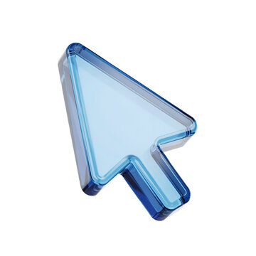 Three dimensional glass computer mouse cursor arrow in translucent blue isolated on a transparent background