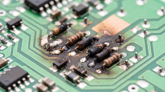 Burnt resistors and damaged components on green circuit board close up. Electronic failure and short circuit damage. Computer hardware repair and electronics troubleshooting concept