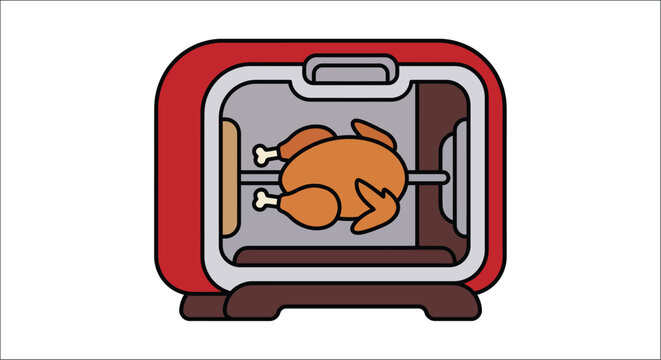 Rotisserie oven with roasted chicken inside a colorful vector illustration on a white background roast