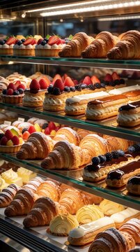 Glass display case packed with assorted baked goods. Croissants, tarts with fresh berries, cream eclairs, and pastries fill shelves. Professional food presentation for cafe or bakery.