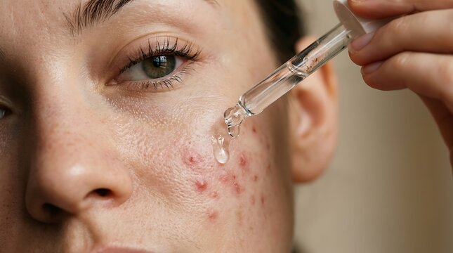 Close-up of a person applying serum to acne-prone skin.