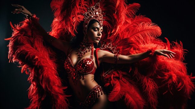 Young attractive woman in vibrant red feather costume dances expressively. Sparkly attire and dramatic headpiece complete her glamorous look for a passionate performance or carnival celebration.