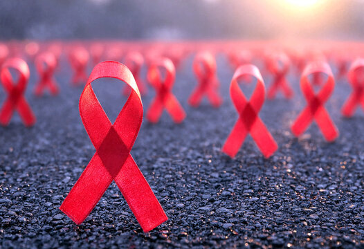 Red awareness ribbons arranged on wet pavement during sunset lighting for social cause support