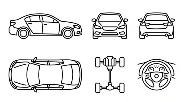 Car icons with sedan front rear side top drivetrain dashboard steering vector illustration design.