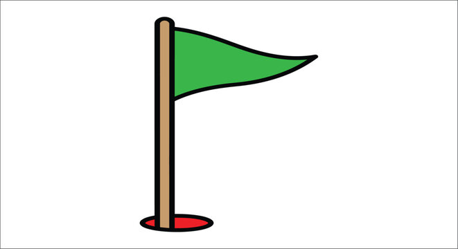A green golf flag with a red base stands on a white background depicted as a vector illustration