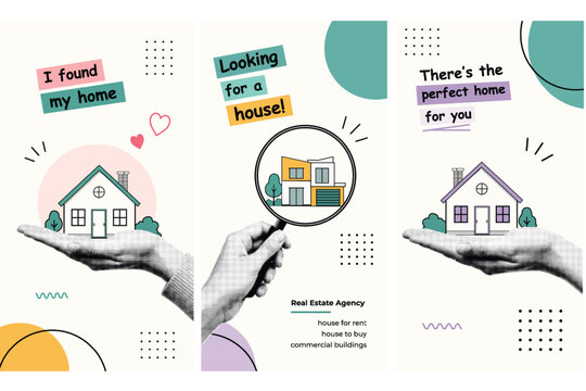 Halftone Pop Art Poster Set with a Hand Holding a House and a Magnifying Glass. Real Estate Agency Typography for Home Rental and Property Search Concept in Retro Style