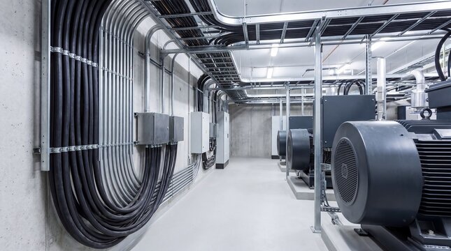 Industrial electrical room with cables, conduits and large electric motors. Power distribution equipment and switchgear in modern facility. Energy infrastructure and engineering technology concept.