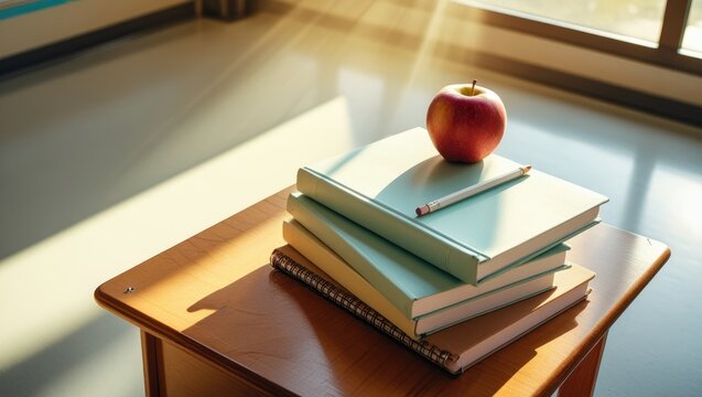 A red apple sits on a stack of textbooks on a wooden classroom desk. Back to school background, primary education stationery, school learning concept.