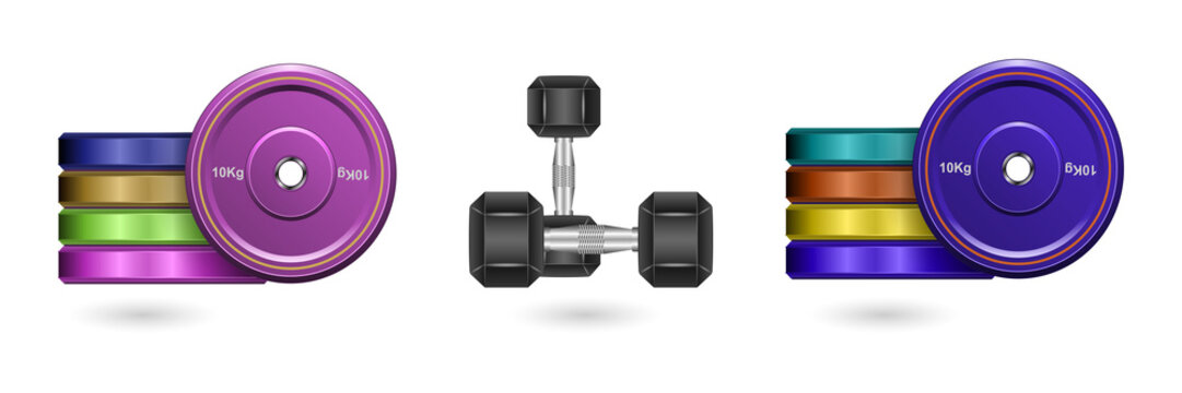 Colorful dumbbells and weight plates for fitness and exercise transparent background