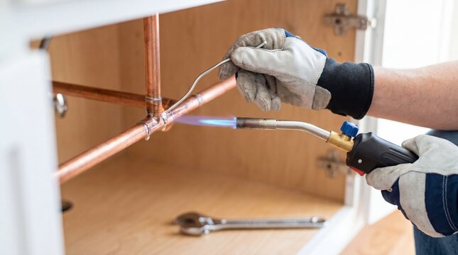 Plumber soldering copper pipe connection with gas blowtorch flame. Worker in protective gloves brazing water pipes under kitchen