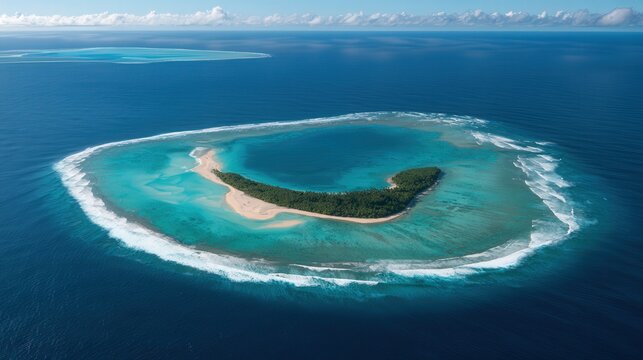 Tropical island with palm trees surrounded by turquoise water and reef