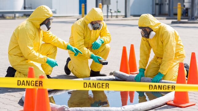Team of workers in yellow protective suits and gas masks measuring chemical spill with detector. Hazardous waste cleanup with danger tape and cones. Environmental contamination and safety concept.