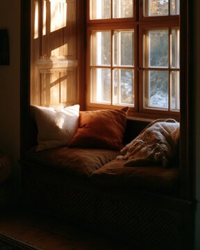 Sunlight shines through the window onto a cozy seat filled with pillows. The room has a warm, nostalgic feel with faded tones.
