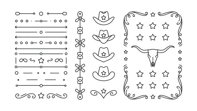Set of Western and cowboy themed decorative elements including stars hats cow skull borders and flourish designs for crafts or design projects