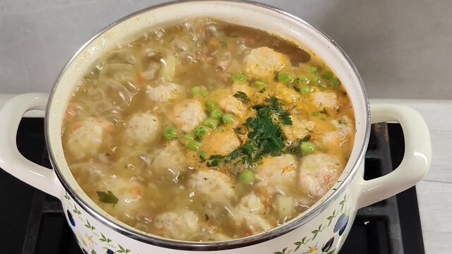 A bowl of hot broth with round dumplings, green peas and chopped parsley, served in a white floral enamel pot with handles on a black stovetop.