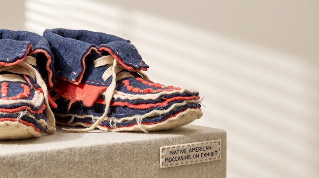 Native American moccasins displayed on a pedestal with natural light  