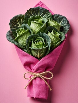 Green cabbage heads tied in pink cloth like floral bouquet. Cabbage leaves form rose shapes. Food arrangement on pink backdrop. Healthy eating concept.