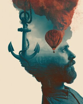 A mans head shows an anchor merging with a hot air balloon, symbolizing the release of burdens. The colors shift from sea to sky.