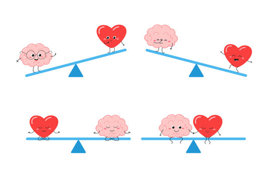 Set of seesaw with funny cartoon brain and heart