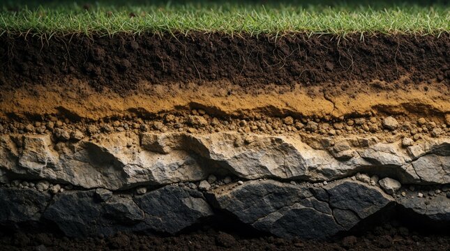 Cross section reveals soil layers, from grass topsoil to bedrock. Earth strata shows geological composition. Natural ground detail with diverse textures and mineral elements.
