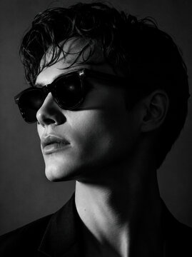 Dramatic black and white close-up portrait of a stylish young man wearing dark sunglasses, featuring wavy hair, strong facial features, high-contrast studio lighting and a sophisticated editorial fash