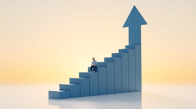 Ascending Ambition: A lone figure contemplates progress while seated on the steps of an upward-trending graph, symbolizing growth and future potential.