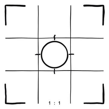 Square format camera viewfinder overlay with composition grid, isolated on transparent background