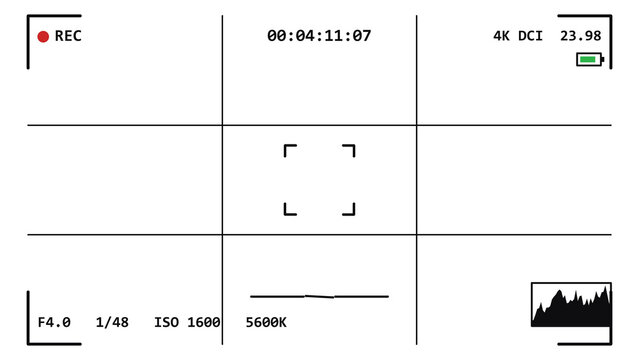Professional cinema camera HUD overlay with timecode and histogram, isolated on transparent background